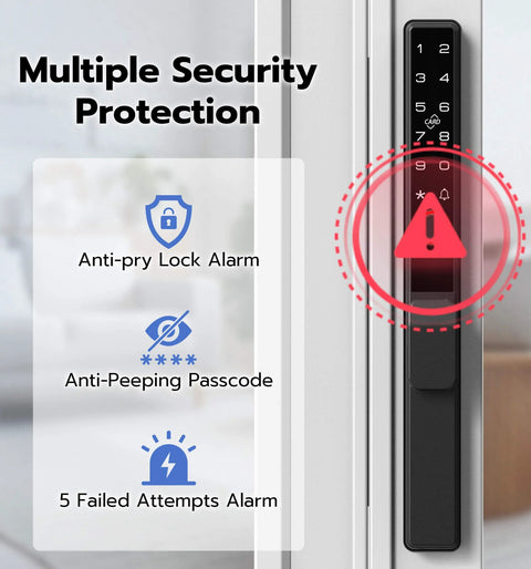 Sliding Glass Door Lock With Biometric Fingerprint, Keypad, RFID And Remote App Control on door, showing security features