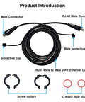 Kilogorge 20ft marine RJ45 male-to-male Ethernet cable with protective caps and O-ring plugs.