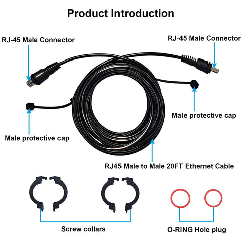 Kilogorge 20ft marine RJ45 male-to-male Ethernet cable with protective caps and O-ring plugs.