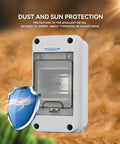 Three Way MCB Distribution Box With DIN Rail IP65 Waterproof Enclosure For Indoor And Outdoor Use Tough As Nails PC Plus ABS Housing Dustproof Weatherproof Electrical Panel Box, showing front view with a protective shield illustration against dust and sun.