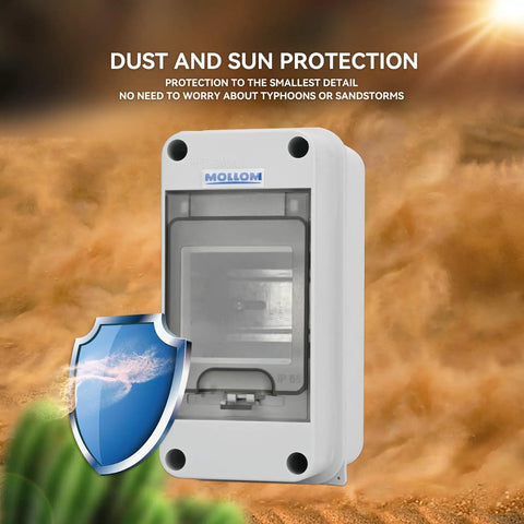 Three Way MCB Distribution Box With DIN Rail IP65 Waterproof Enclosure For Indoor And Outdoor Use Tough As Nails PC Plus ABS Housing Dustproof Weatherproof Electrical Panel Box, showing front view with a protective shield illustration against dust and sun.