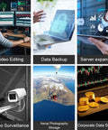 Image depicting uses like video editing and data backup for Top Rack Dual Sata Hard Drive Enclosure With Raid Disk Array And Quiet Cooling Fan USB3.0 Hook Up For Desktop Pcs Or Laptops Plug Play Speed Demon No Sweat Storage Boost.