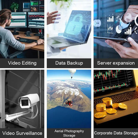 Image depicting uses like video editing and data backup for Top Rack Dual Sata Hard Drive Enclosure With Raid Disk Array And Quiet Cooling Fan USB3.0 Hook Up For Desktop Pcs Or Laptops Plug Play Speed Demon No Sweat Storage Boost.