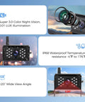10.1 Inch Wireless RV Backup Camera System With 2 Rear Cameras And 2 Side Cameras For Reversing And Monitoring 1080P DVR Monitor IP69K Waterproof IR Night Vision showing night vision, lens, temperature range, and wide angle details