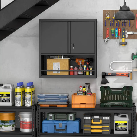 Beefy Metal Wall Cabinet With Doors And Shelves Locking Garage Storage Cabinet For Workshop Warehouse And Home Office Heavy Duty Steel Wall Mounted Black, shown in a workshop setting with tools and supplies.
