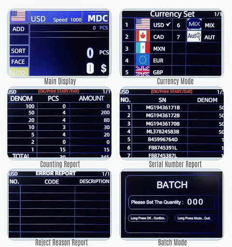 Heavy Lifter Bill Counter Machine That Handles Mixed Denomination Sorting With Multi Currency Support Fast Cash Stacking And Legit Checker Tech Built In Printer Port Ready main display showing currency options and counting report.
