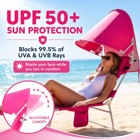 Woman relaxing on outdoor sunbathing lounge chair with canopy shade and face hole padded and washable six position layout.