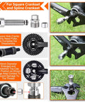 On The Go Bike Repair Kit With Mini Pump And Glueless Patches For Road Mountain And Travel 16 In 1 Multitool Portable Set showcasing crank extractor parts for square and spline cranks.