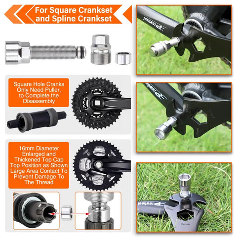 On The Go Bike Repair Kit With Mini Pump And Glueless Patches For Road Mountain And Travel 16 In 1 Multitool Portable Set showcasing crank extractor parts for square and spline cranks.