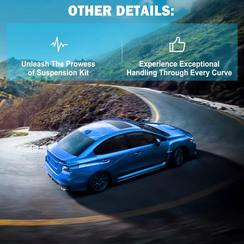12-piece front upper & lower control arm and ball joint assembly suspension kit; blue sedan on a winding mountain road.