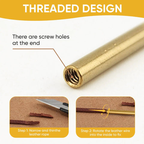 Close-up of threaded brass needle from Two Piece Brass Leather Sewing Needles For Hand Stitching And Lacing, Long Jumbo Lacing Needles Set.