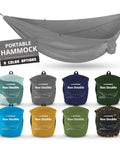 Roo Double Hammock With GravitasX Water Resistant Breathable Ripstop Fabric, showing 9 packable color options.