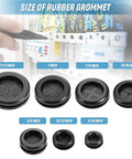Round Rubber Grommet Kit 52 Pieces In 7 Sizes Black Double Sided Firewall Gasket displayed with size chart and electrical cables.