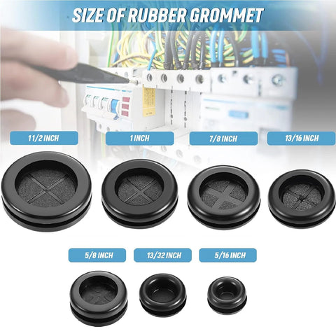 Round Rubber Grommet Kit 52 Pieces In 7 Sizes Black Double Sided Firewall Gasket displayed with size chart and electrical cables.