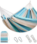 Easy Setup 1 To 2 Person Outdoor Hammock With Tree Straps And Carry Bag, Portable Canvas Hammock in Blue and Green with Accessories
