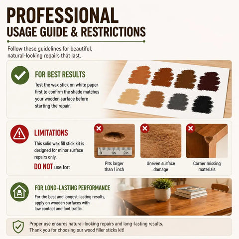 Professional usage guide image for 9 Color Wood Filler Sticks And Repair Crayons For Furniture And Floors No Sweat Go To Scratch Fix Kit.