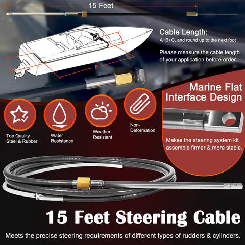 Diagram of 15 feet steering cable for Rotary Marine Steering System Kit With 15 Feet Steering Cable And 13.5 Inch Wheel For Old School Mechanical Manual Steering On Yachts, Fishing Boats And Other Watercraft, showing marine flat interface design.