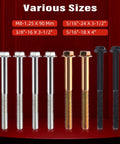 Various bolts from Steering Wheel Puller And Lock Plate Removal Tool Kit, assorted sizes and colors on red background
