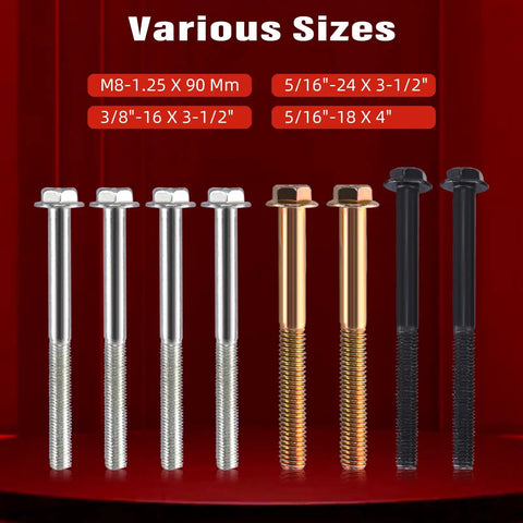 Various bolts from Steering Wheel Puller And Lock Plate Removal Tool Kit, assorted sizes and colors on red background