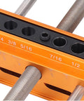 Close-up of Self Centering Dowel Jig For Boss Level Hole Alignment In Woodworking, Sizes 1/4 3/8 5/16 7/16 1/2 Inch Drill Guide