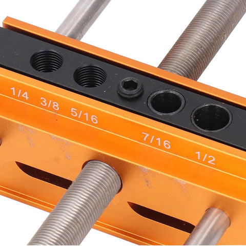 Close-up of Self Centering Dowel Jig For Boss Level Hole Alignment In Woodworking, Sizes 1/4 3/8 5/16 7/16 1/2 Inch Drill Guide