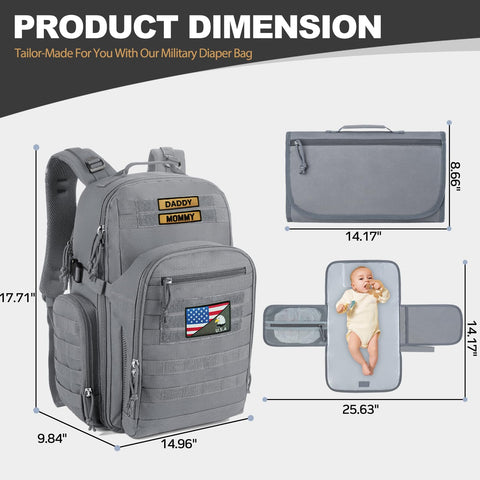 Dad Gear Tactical Diaper Bag Backpack With Changing Pad, Military MOLLE System, Water Resistant 900D Fabric, product dimensions