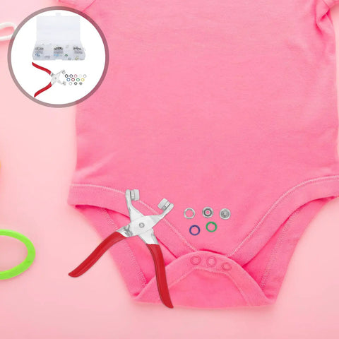 Sturdy Stainless Steel Snap Fasteners Kit Setter Tool With Five Claw Designed For Easy Garment Repairs And Craft Projects, This All In One Handy Fastener Installer Keeps Your Clothes Secure And Looking Fresh. Snap tool and metal snaps on pink fabric