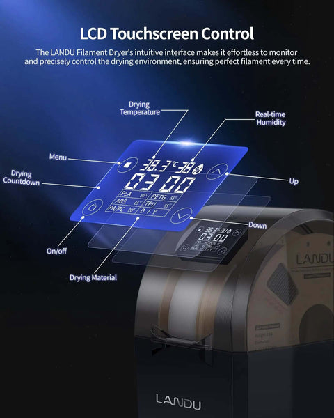 Dual Spool Filament Dryer Box for 3D Printer's LCD touchscreen control interface
