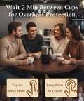 Group enjoying coffee with Boss Level Milk Frother And Steamer 4 In 1 on table, highlighting wait time for overheating protection.