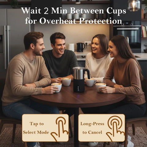 Group enjoying coffee with Boss Level Milk Frother And Steamer 4 In 1 on table, highlighting wait time for overheating protection.