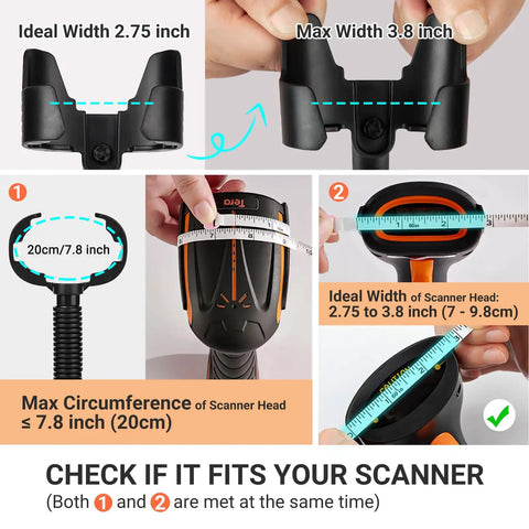 Universal Barcode Scanner Stand With Wall Mount And Built In Compartment Adjustable Head Cradle Holder For POS measurement guide.