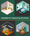 Illustration of Laser Distance Meter With 393 Feet Range used in various room layouts, suitable for measuring all spaces.