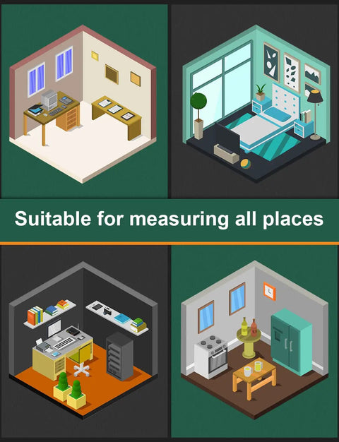 Illustration of Laser Distance Meter With 393 Feet Range used in various room layouts, suitable for measuring all spaces.
