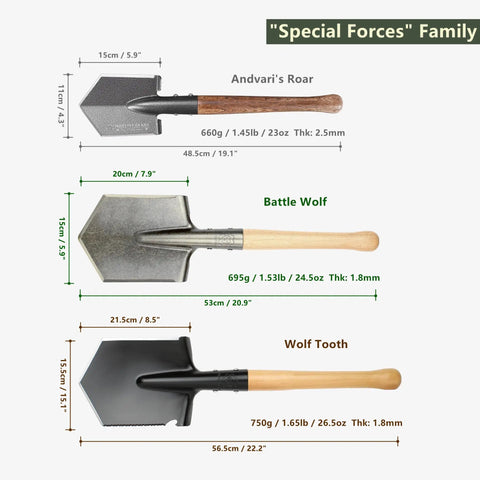 Comparison of Special Forces shovels featuring Battle Wolf Military Grade Survival Shovel with hardwood handle and carbon steel head.