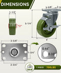 Beefy 4 Inch By 1.5 Inch Heavy Duty Oven Rack Casters with dimensions, green epoxy wheel, galvanized steel yoke, 700 lbs piece.