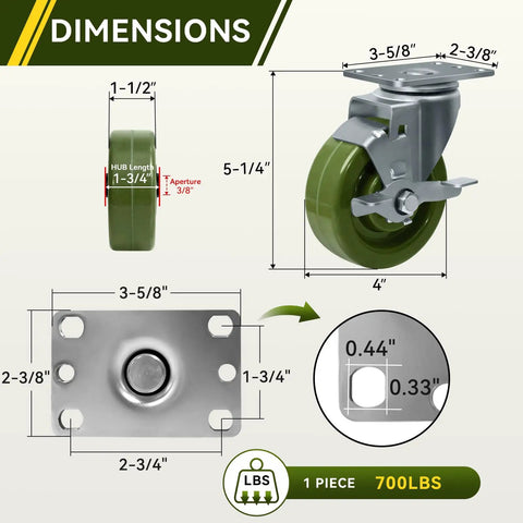 Beefy 4 Inch By 1.5 Inch Heavy Duty Oven Rack Casters with dimensions, green epoxy wheel, galvanized steel yoke, 700 lbs piece.