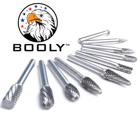 Die grinder burr set, 10-piece tungsten carbide, double-cut, 1/4-inch shank, BOOLY brand