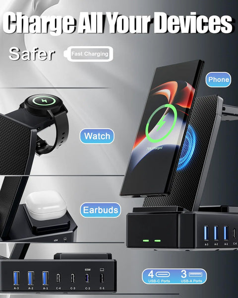 Beast 10 In 1 Wireless Charging Station with 7 USB-C ports charging phone, watch, earbuds; fast charging stand display.