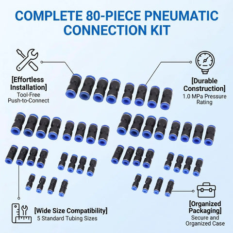 Super Cool 80PC Push To Connect Air Fittings Kit With Quick Pneumatic Tube Adapters For 4-12mm OD PE PU PVC Nylon Tubing And PBT Line Hoses, 80-piece set