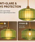 UUSWAWW Plug in Pendant Hanging Light Fixture Green Drum Glass with Fabric Inner Shade, showcasing anti-glare design for soft, even light.