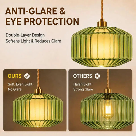 UUSWAWW Plug in Pendant Hanging Light Fixture Green Drum Glass with Fabric Inner Shade, showcasing anti-glare design for soft, even light.