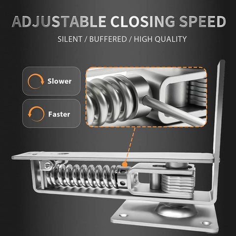 Dual Action Spring Hinges For Wood Doors With Self Closing And Stop in silver showing adjustable closing speed.