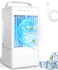 4 In 1 Mini Air Conditioner Fan And Evaporative Cooler With Handle, Quiet Personal Cooler, ice cubes and USB cable visible