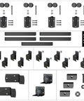 Components of 20 Foot Heavy Duty Box Rail Exterior Sliding Barn Door Hardware Kit with 450 Lbs Capacity, black powder coat finish.
