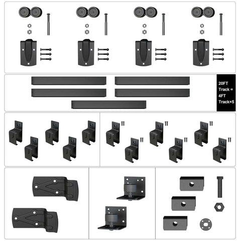 Components of 20 Foot Heavy Duty Box Rail Exterior Sliding Barn Door Hardware Kit with 450 Lbs Capacity, black powder coat finish.