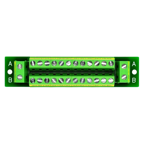 16 Amp 2x12 Position Screw Terminal Block Distribution Module For AC And DC Power Systems 48V Max Supports Extension Modules 7.5mm Pitch 26AWG To 12AWG Wire High Capacity Electrical Distribution Block, green screw terminals