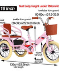 Pink 18-inch kid trike with basket, handlebars, and seat dimensions for Kid Friendly Outdoor Cruiser Trike For Ages 2 To 10 With Three Wheel Design Single Brake Pedal Tricycle For Boys And Girls Anti Skid Spoke Pneumatic Wheels In Bright Yellow 18 Inch Wheel Easy Smooth Ride For Active Little Riders.