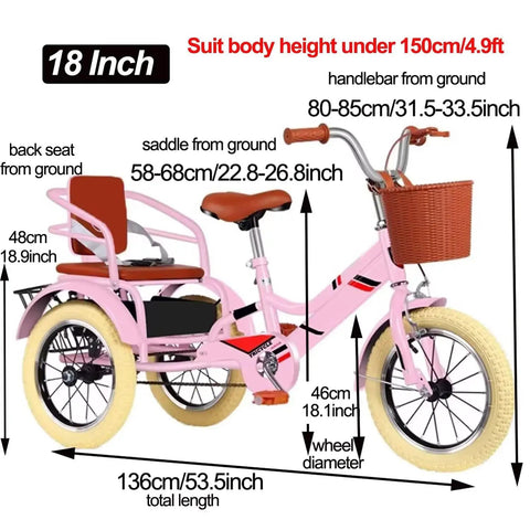 Pink 18-inch kid trike with basket, handlebars, and seat dimensions for Kid Friendly Outdoor Cruiser Trike For Ages 2 To 10 With Three Wheel Design Single Brake Pedal Tricycle For Boys And Girls Anti Skid Spoke Pneumatic Wheels In Bright Yellow 18 Inch Wheel Easy Smooth Ride For Active Little Riders.