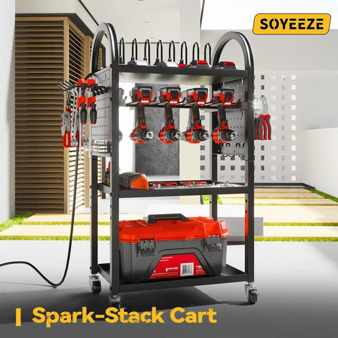 Rolling Garage Storage Cart With 8 Outlet Power Strip On Wheels, The Handy Tool Organizer And Charging Station For Drills And Tools
