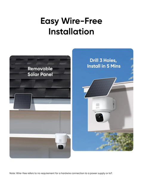 Image of 4 Cam Wireless Outdoor Solar Security Camera System With AI Tracking 2K Clarity Day And Night 360 Degree Pan Coverage Local Storage Up To 16TB No Monthly Fee Easy Home Surveillance Bundle showing easy wire-free installation with removable solar panel.